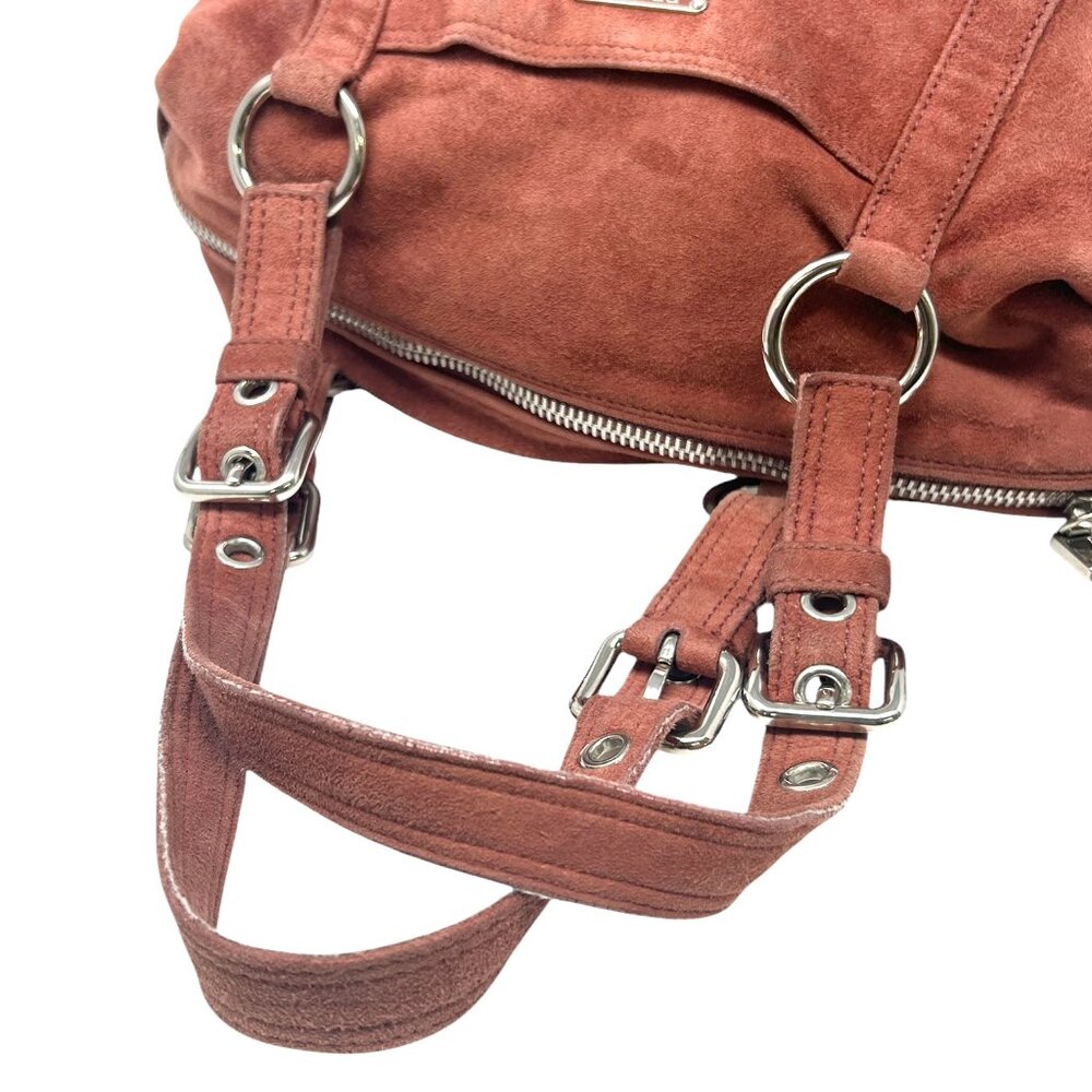 PRADA Vintage Logo Shoulder Bag Tote Red Brown Silver Handbag Suede Zip [105155] - Picture 10 of 13